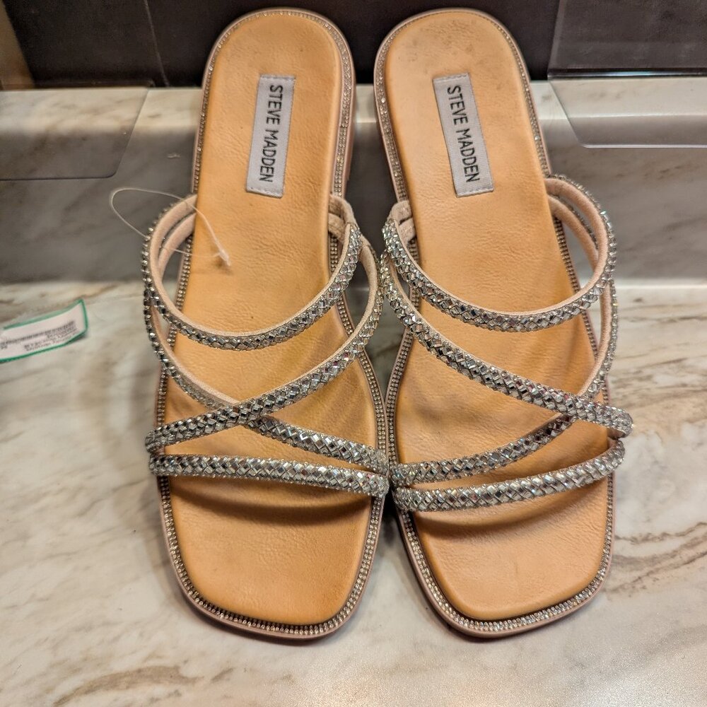 Steve Madden Tan Sandals with Silver Rhinestone Straps